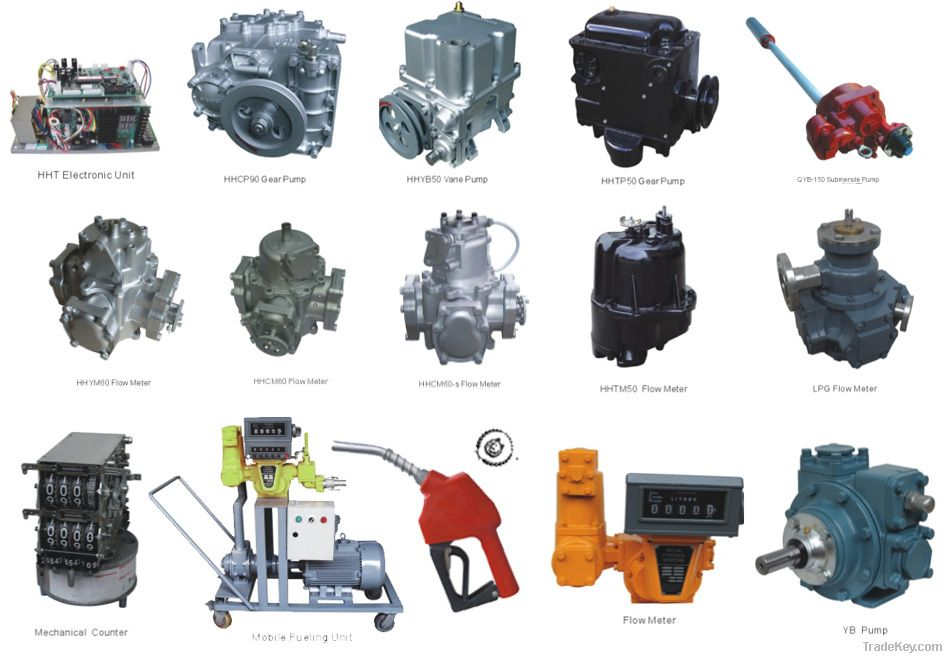 Various petrol pump spare parts like nozzles, filters, and boards